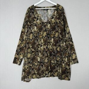 Ulla Popken Tunic Womens 32 Brown Snake Animal‎ Print Button Front Top Travel